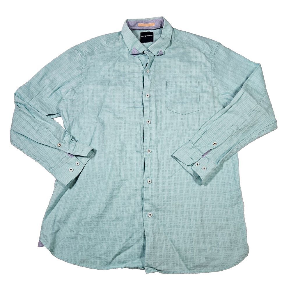 Tommy Bahama Men's Aqua Checkered Linen Blend Button Up Long Sleeve Shirt Sz XL